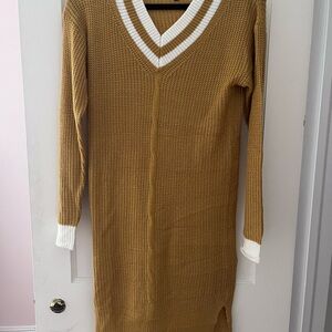Mustard Knit Sweater Dress with White Trim